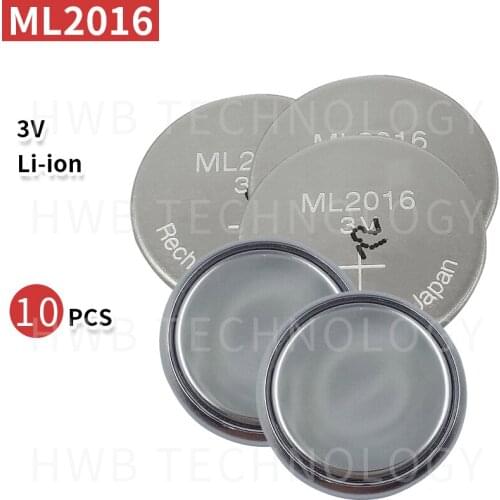 10pcs/lot New Original ML2016 ML 2016 3v Li-Ion Lithium Ion Rechargeable Coin Cell Button CMOS RTC Battery Batteries