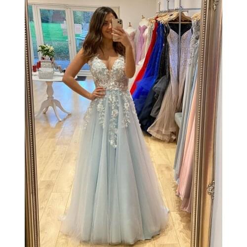 Charming 3D Floral Applique Sheer Bodice V Neck Prom Dress Light Blue Tulle Ladies Evening Party Gowns Girls Engagement Dresses