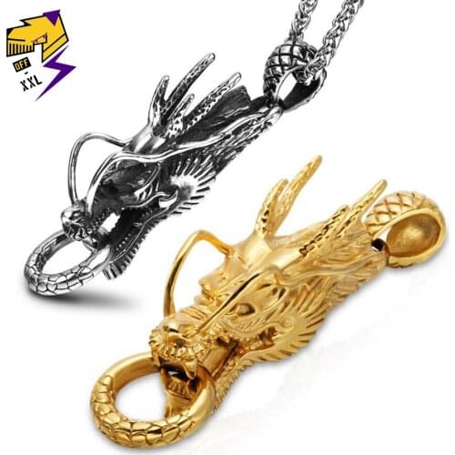 Punk Titanium Steel Animal Dragon Necklaces with Long Chain Tibetan Silver Tone Casting Carving Pendant Necklace Gift for Men