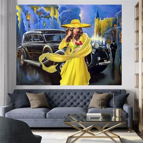 Full square round Diamond Painting Europe hat woman diamond art old car lady handmake 5d cross Stitch mosaic pictures gift,F3028