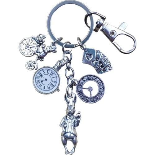 Retro SiIver Plated Keychain Alice in Wonderland Rabbit Bunny Clock Teapot Poker Style Ethnic Handmade Key Ring Gift DC001-20