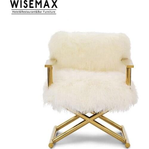 Luxury Living Room Golden White Fur Upholstered Leisure Chair with Stainless Steel Frame Sheep Skin Lounge Chair