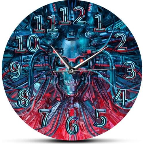 Science Fiction Scary Robotic Skull Modern Wall Clock Heavy Metal Steampunk Roboskull Halloween Skeleton Home Decor Wall Watch