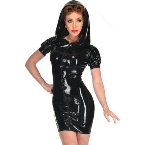 Plus Size S-XXL Sexy Zipper Front Faux Leather PVC Dress Fetish Women Hooded Club Vinyl Latex Night Bodycon Clubwear Lingerie