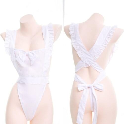 Sexy Maid Style Tie Nake Apron Womens See-throught Dress Cute Exotic Apparel Color White