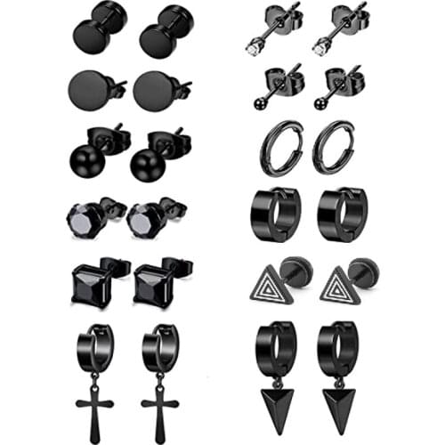 1 Set/12 pairs of earrings for men and women stainless steel mens earrings Huggie Hoop Punk Black Stud Earring Set