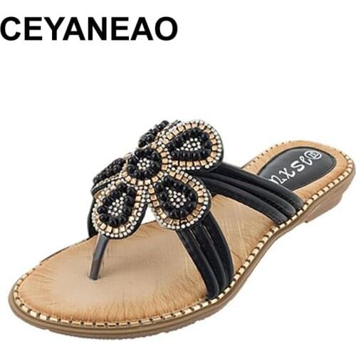 CEYANEAO2020 Outsides New Women Slippers Black Braided Pearl Slippers Open Toe Flat Slippers Crystal Heels Slide Fashion Thongs