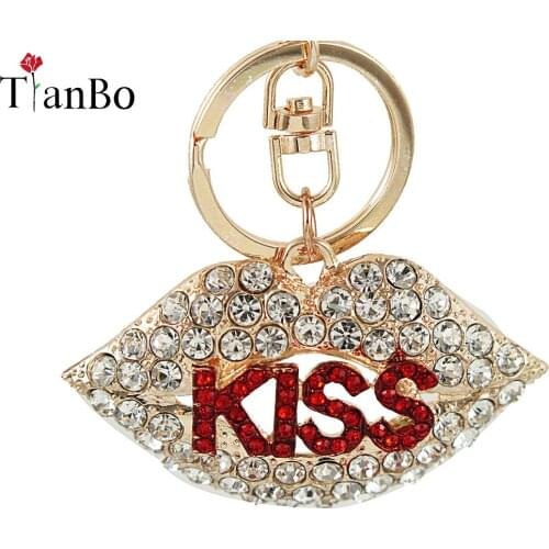 TianBo Personality Rhinestone Crystal KISS Lips Keychain Fashion Elements Feminino Car Pendant Exaggerated Women Key Chains