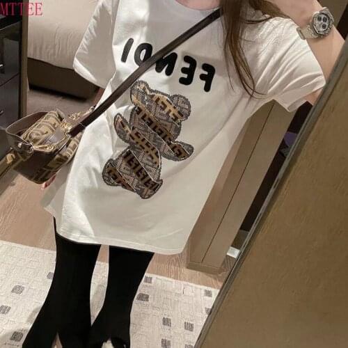 Top Short Sleeve T-shirt 2021 Summer New Cartoon Bear Teddy diamond Drilling Loose Cute Round Neck Ladies Blouse Harajuku