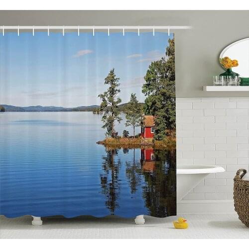Lake House Shower Curtain Lakeside with Calm Still Water and Small Country House Between Trees Peace Art Work Bath Curtains