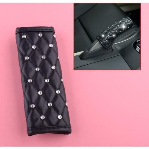 Bling Bead Black PU Leather Handbrake Cover Protector Cap Decor Fit For Most of Automatic Transmission Cars