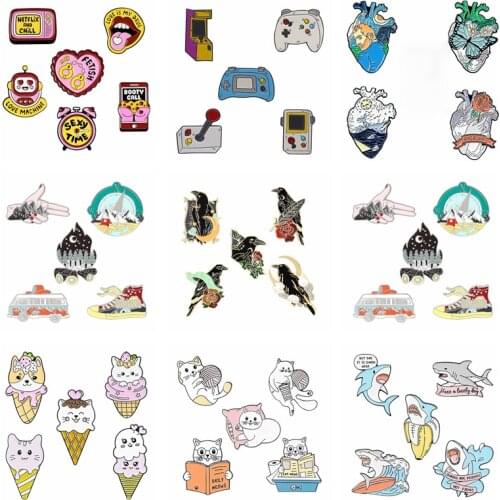 Solitude Gothic crow enamel pin badge brooch Blue wave whale Jackets Shirt bag Lapel pin jewelry gift for women