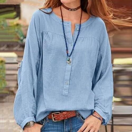 Women Shirt Loose Long Sleeve Round Neck Chest Button Tops Spring Autumn Ladies Solid Color Blouse for Female Large Size S - 5XL