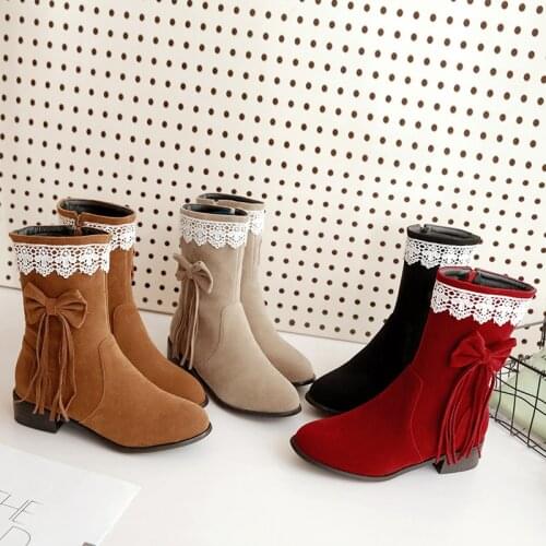 YQBTDL 2021 Spring Med Block Heel Lovely Cute Lolita Shoes Flock Red Black Lace Butterfly-knot Mid Calf Women Boots Chunky Heels