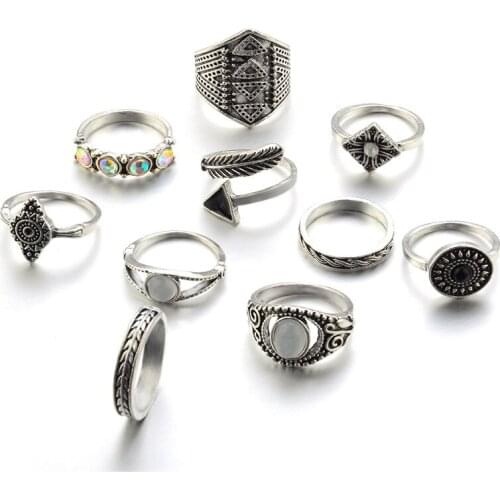 10 Pcs/Set Vintage Punk Eye Shaped with Opal Stone Arrow Twist Retro Circle Square Shaped Rings for Women