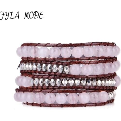 Natural Gems Stone Raw Pink Quartz Crystal Beads Statement Bracelet 4 Strand Boho Wrap Bracelets Women Bohemia Jewelry
