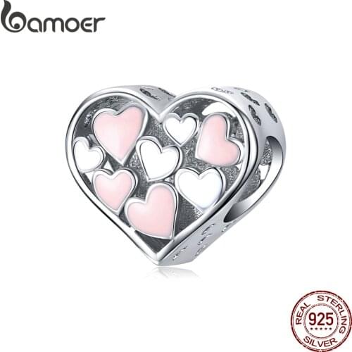 Bamoer 925 Sterling Silver Openwork Enamel Heart Pendant Charm for Women Original Charm Bracelet Jewelry Making SCC1423