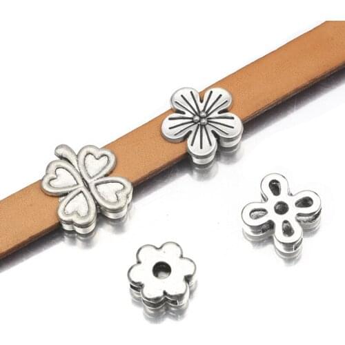 10Pcs Tibetan Silver Lucky Clover Flower Loose Spacer Beads For 10mm Flat Leather Cord Diy Bracelet Jewelry Making Accessories