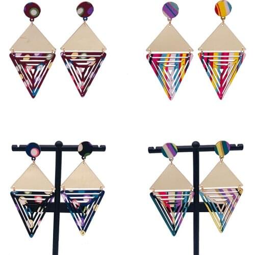 Free Shipping!Newest Gold Mirror Triangle Resin Fabric Wooden Earrings can mixed colors