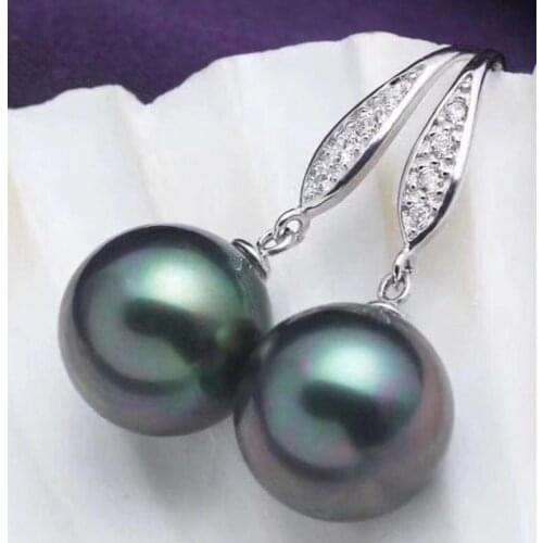 Noble jewelry 9-10MM Tahitian black PEARL DANGLE EARRING 925 Sterling Silver