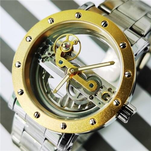 Forsining 2020 Top Luxury Automatic Mechanical Watch Man Transparent Golden Bridge Watches Classic Silver Strap Watch For Men