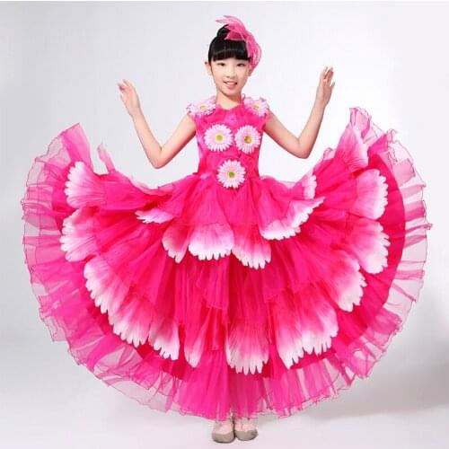Kids Flamenco Skirts Spanish Bullfighting Dress For Girls Flamenco Dancer Fancy Petal Opening Dress Performance Costume DL4214
