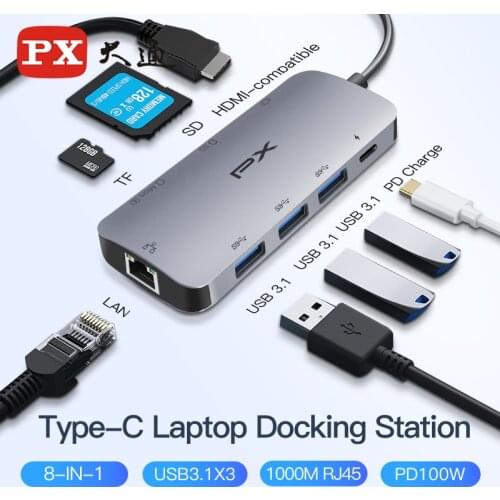 PX Laptop Docking Station Type C 3.1 Dock Station to USB LAN RJ45 4K HDMI PD USB C Hub TF/SD Slot for Huawei Macbook Pro Mini