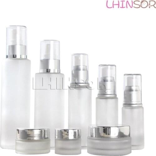 5pcs/lot Electrochemical Aluminum Pump Frosted Glass Spray Bottle Lotion Bottles Cream Jars Empty Cosmetic Packing Containers