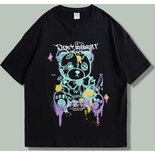 Bear Print Cotton Short-sleeved NEW T-shirt Men Hip Hop Cartoon Anime Loose Tshirts Top Campu Couple Oversize Unisex Casual Wear