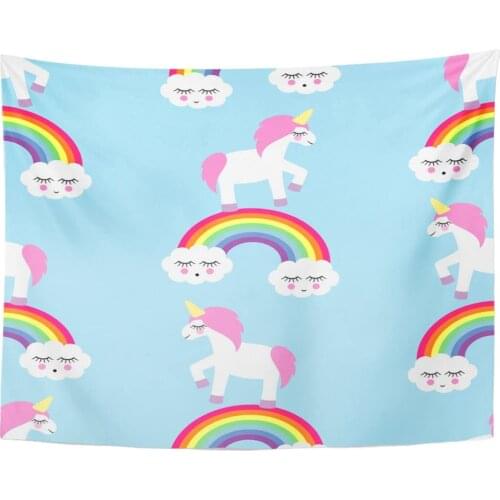 Tapestry Smiling Sleeping Clouds Unicorns and Rainbows Holidays Interior Book Cute Child Drawing Style Tapestries Wall Hanging