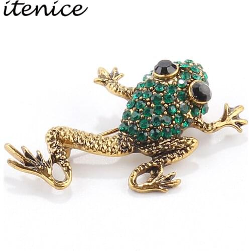 Itenice 2019 Elegant Classical Frog Brooch Gold Green Rhinestone Brooches Pins Party Jewelry Clothing Accessorie Ladies Gift