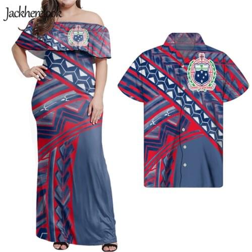 Jackherelook Polynesain Tattoo Samoa Flag Print Summer Sexy Off Shoulder Bodycon Dress for Women Hawaii Couple Clothes Plus Size
