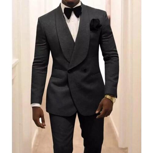 JELTONEWIN 2020 Double Breasted Black Groom Tuxedos Shwal Lapel Groomsman Wedding Suits For Men Business Prom Best Man Blazer