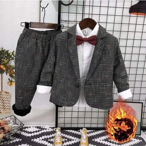 Toddler Boys Clothes Set Winter Kids Fashion Plaid Plus Velvet Suits Blazer Thick Pants Shirt 3pcs Set For Boy Baby Dress Suit