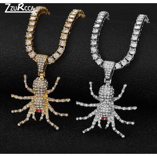 Gold Color Spider Pendant Necklace Hip Hop Iced Out Cuban Chain Necklace for Men with Bling Rhinestone collares para mujer