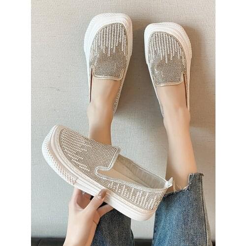 Summer new style womens casual shoes, simple square toe flat-bottomed full rhinestone comfortable soft-soled womens shoes