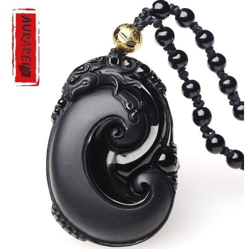 Natural Obsidian Mythical Wild Animal Pendant Necklace Exorcise Evil Spirits Amulet Retro Lucky Pendants Mala Unisex