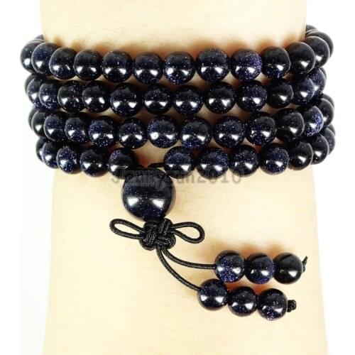 Natural Blue Sand 6mm Gems Stone Buddhist 108 Beads Prayer Mala Multi-Purpose Stretchy Bracelet 5Strands/Pack