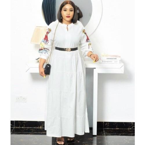 2021 New Spring Summer African Women Long Sleeve Print Long Dress African Clothing African Dresses For Women No Belt White Black