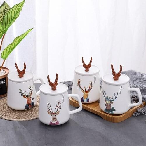 2020 New Design Instagram Style Nordic Moose Horn Animal Shape Ceramic Mugs with Cover Coffee Mugs Office or Home Used