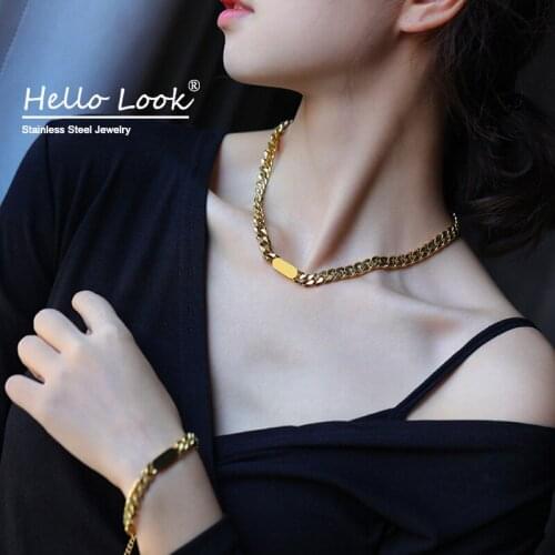 Hellolook Punk Hip Hop Cuban Chain Necklace Womens Thick Chain Collar Necklace&Bracelet Ladies Summer Jewelry