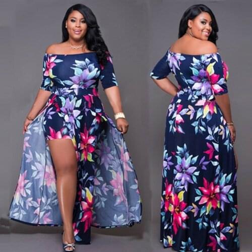 Plus Size Womens Off Shoulder Floral Rayon Party Split Maxi Romper Dress Oversized Spring Autumn Dresses