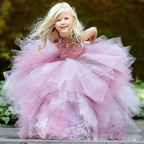 Pink Appliques Girls Pageant Dress Sleeveless Bling Sparkling Beaded Ball Gown for Weddings Floor Length Flower Girl Dresses