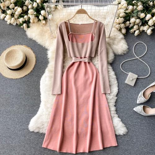 SINGREINY Autumn Elegant French Women Knitted Dress Design Long Sleeve Tops+Sexy Sleeveless A-line Strap Dress Two Piece Suits
