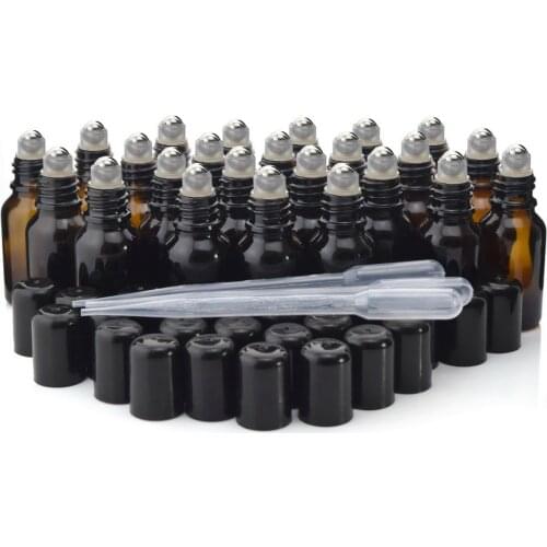 15ml Glass Roller Bottles Empty Amber Essential Oil Roll On Bottle with Stainless Steel Roller Ball for Aromatherapy 24 Pack