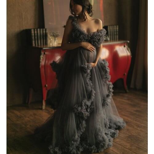 Dark Grey Maternity Dresses Tiered Ruffled Maternity Gown for Photoshoot Boudoir Lingerie Tulle Bathrobe Nightwear Babydoll Robe