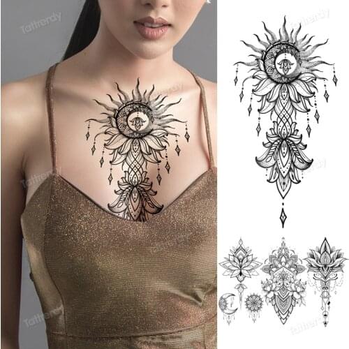 Temporary tattoo sticker women black henna lace tattoos for girls sternum tattoo underboob breast body art indian arabic designs