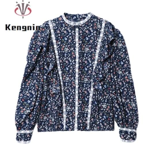 New 2021 Spring Cotton Womens Shirt Long Sleeve Ruffle Office Lady Tops Print Flowers Woman Blouse Patchwork Lace Blause KN56