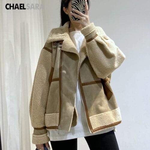 2021 Women Winter New Thick Warm Vintage Patchwork Suede Lambswool Biker Jackets Coat Chic Loose Faux Leather Outwear Top