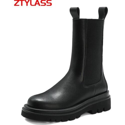 2021 Women Boots Cow Leather Ankle Boots Comfortable Flat Heel Chelsea Boots Slip On Autumn Winter Shoes